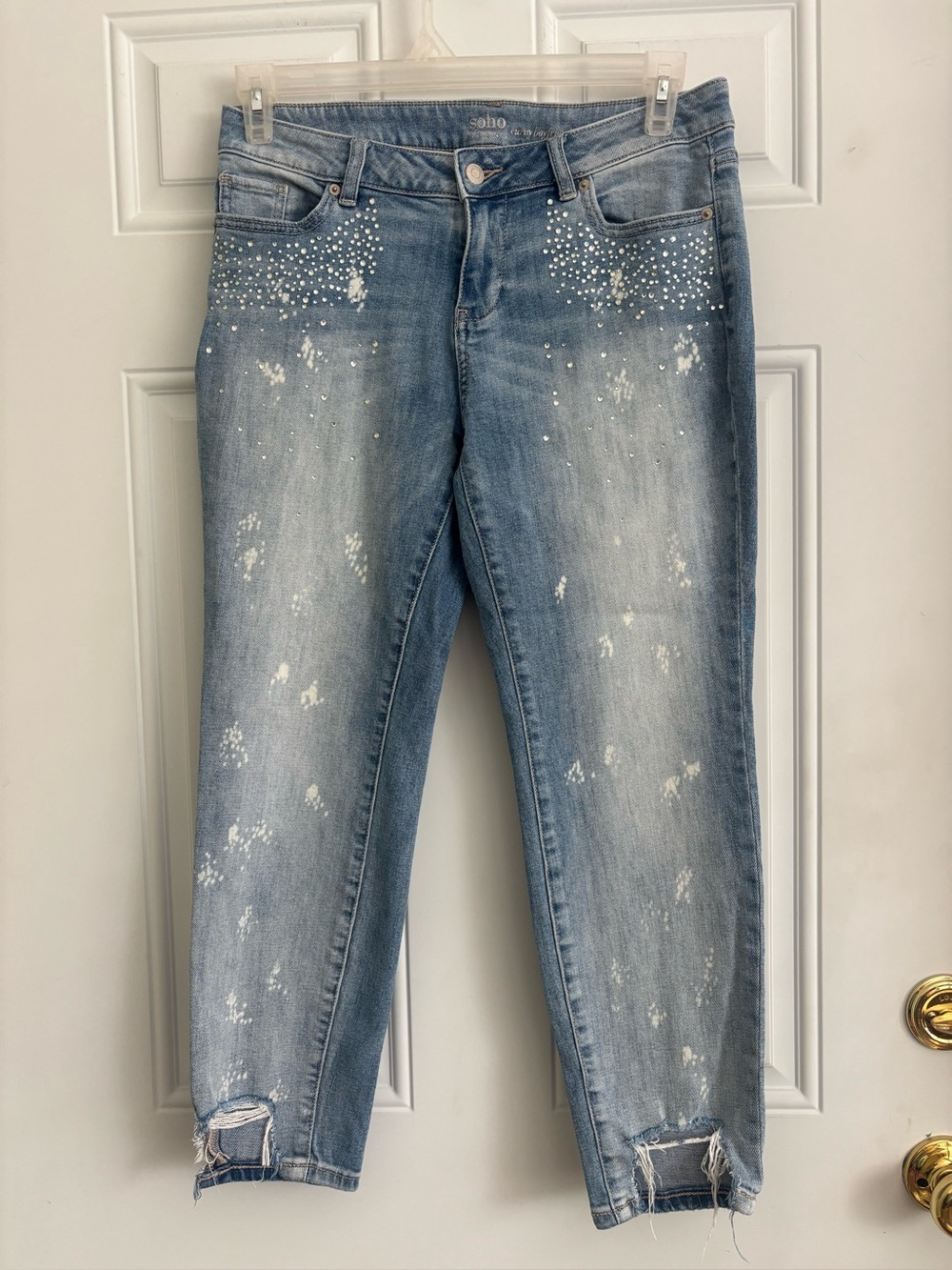 Soho Light Blue Distressed Curvy Boyfriend Jeans with Rhinestone Trim, Size 6